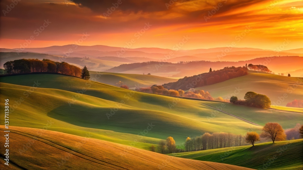Obraz premium Serene Rolling Hills at Sunset A Breathtaking Panorama of Verdant Fields and Golden Sky