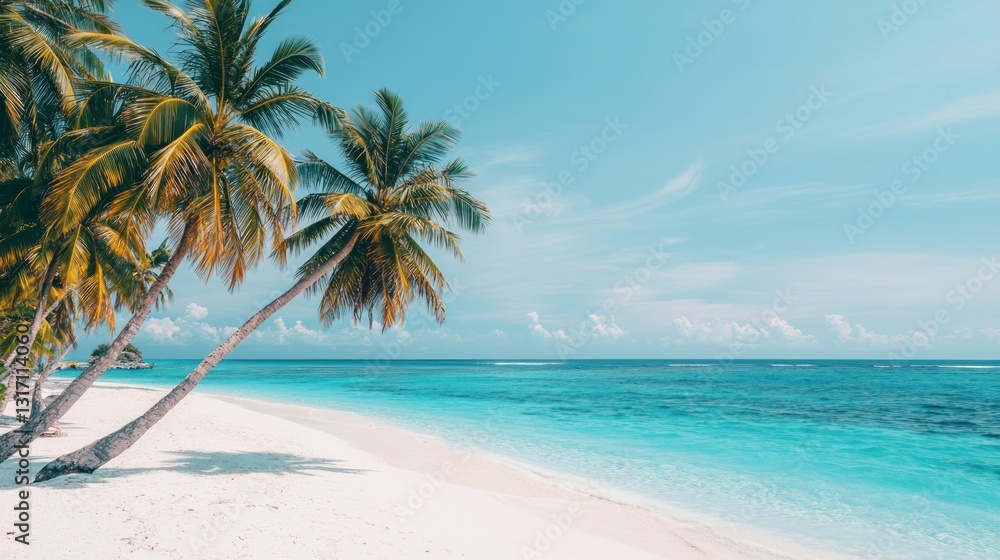 Fototapeta premium A serene beach scene featuring palm trees, white sand, and clear blue waters under a bright sky, evoking a tropical paradise.
