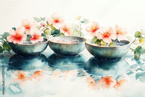 Wallpaper Mural Delicate watercolors bring scented blooms to life in tranquil bowls beside shimmering water reflections Torontodigital.ca