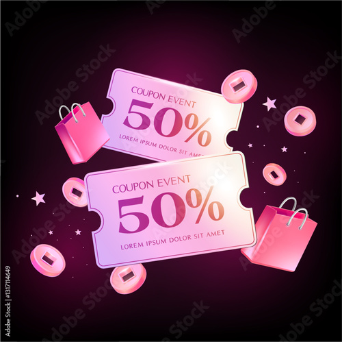 3d romantic coupon with shopping bags and pink coins flying around, isolated on background. Gift voucher with coupon code for fashion sale off banner template in 3d vector. Vector illustration