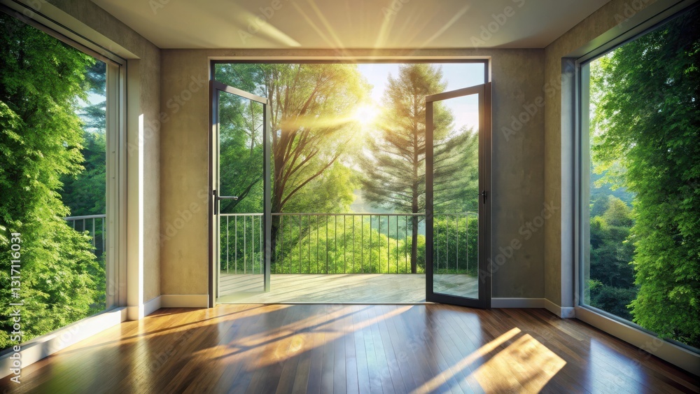 Fototapeta premium Sunlit Interior Room with Expansive Views of Lush Greenery Through Open Doors and Windows