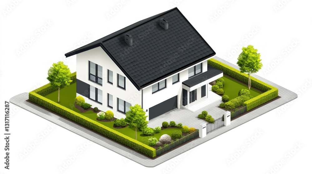 Isometric view of modern two-story residential house with green yard and garden surrounded by hedge with concrete sidewalk in white background Isometric view of modern two-story residential house with green yard and garden surrounded by hedge with concrete sidewalk in white background