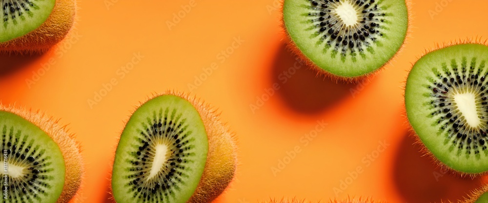 Sliced delicious ripe kiwi fruit on orange background