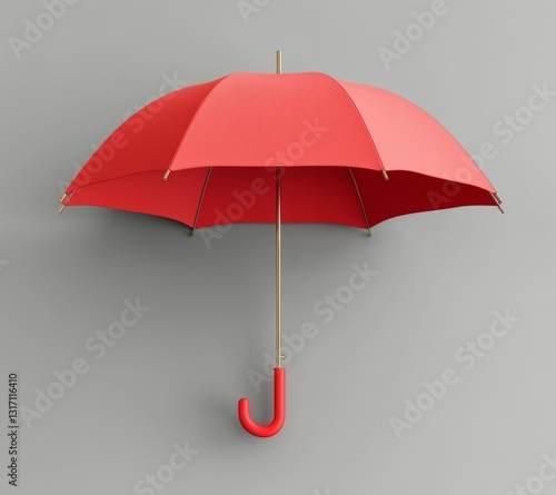 3D render of a red umbrella standing out from a crowd on grey background, top view, symbolizing uniqueness and high-quality product