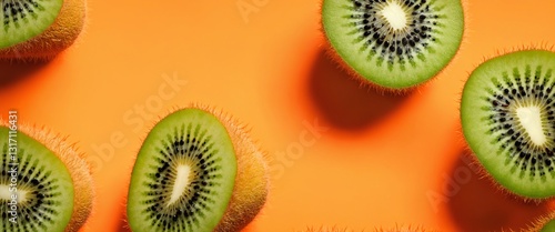 Obraz na płótnie Sliced delicious ripe kiwi fruit on orange background w salonie