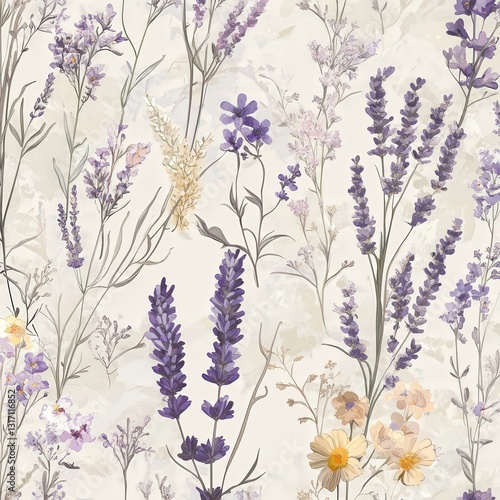 Lavender and wildflower seamless pattern, natural tones and organic arrangement