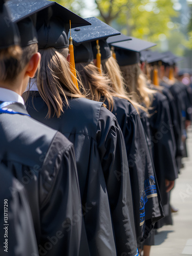 A close-up of a row of graduates wearing black caps and gowns, their tassels swinging as they march forward