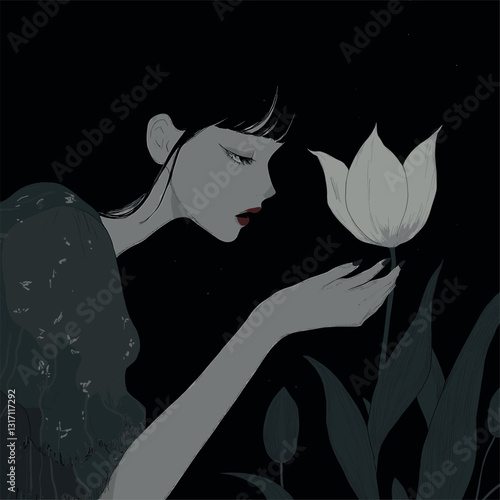 Charming and bittersweet: the ghost of a girl dips to pluck the ghost of a tulip. 
