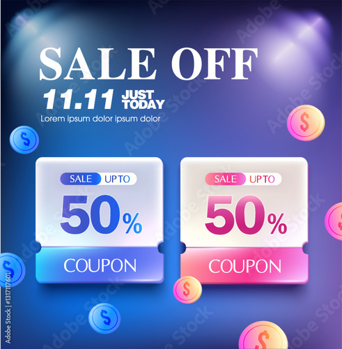 3d coupon books template with colorful coins flying around, coupon code and price off. Gift voucher shopping poster in 3d vector. Vector illustration