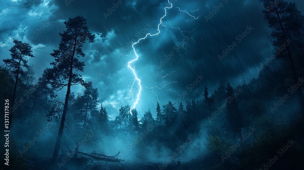 Fototapeta premium A Dramatic Nightscape: Lightning Strikes a Misty Forest During a Powerful Thunderstorm