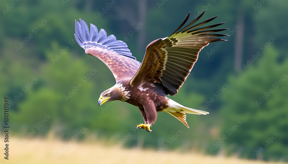 A Majestic Eagle In Breathtaking Flight Soaring Over A Lush Green Landscape With A Blurred Background In Vibrant Natural Light A Majestic Eagle In Breathtaking Flight Soaring Over A Lush Green Landscape With A Blurred Background In Vibrant Natural Light