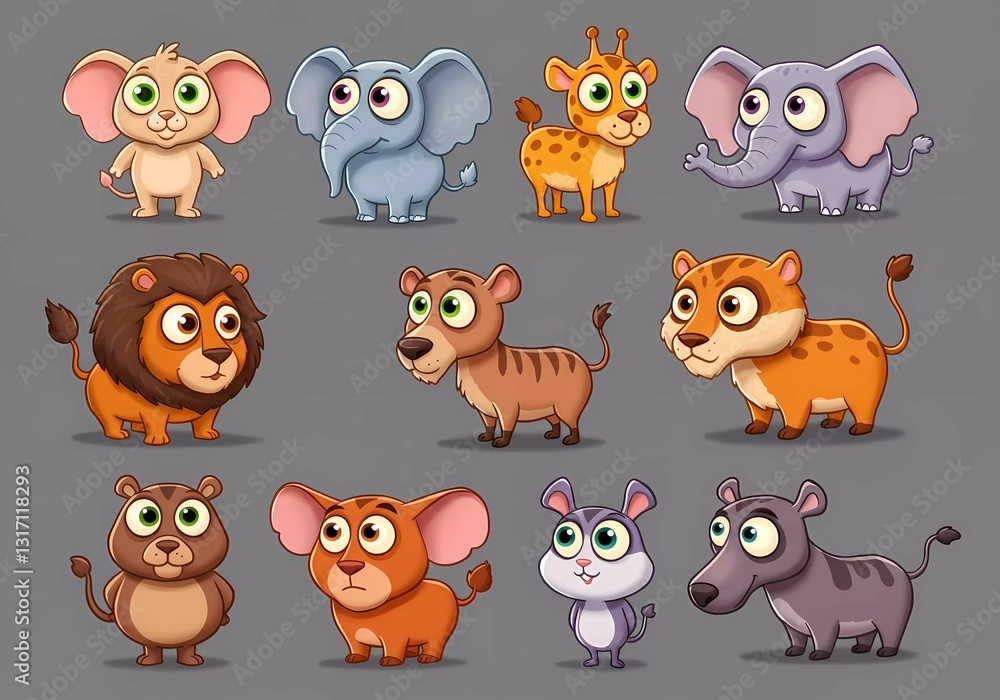 Fototapeta premium Adorable Cartoon Animals: A Collection of Cute Wildlife Characters