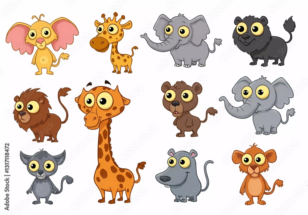 Fototapeta premium Adorable Cartoon Safari Animals: A Collection of Cute Wildlife Illustrations