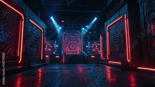 A dynamic and futuristic background featuring a laser tag arena with neon lights, glowing effects, and an action-packed atmosphere.