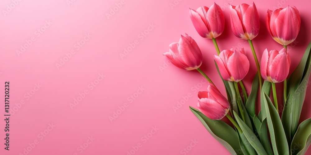 Pink Tulips Lying on Pink Background, Soft Light, Greeting Card Material Pink Tulips Lying on Pink Background, Soft Light, Greeting Card Material