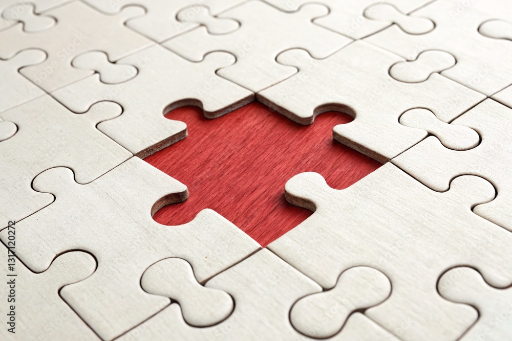 White Jigsaw Puzzle with Missing Piece Revealing Red Background Concept of Problem-Solving and Incompleteness White Jigsaw Puzzle with Missing Piece Revealing Red Background Concept of Problem-Solving and Incompleteness