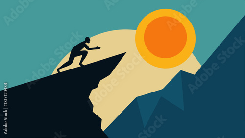 Rock Climber Reaching New Heights A silhouette of a rock climber reaching the top of a cliff with a glowing sun at the peak symbolizing achievement and the mental boost from