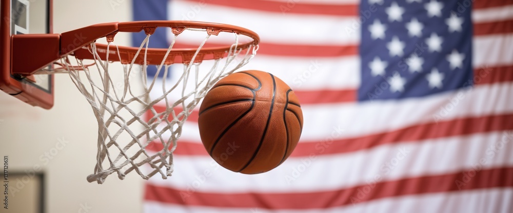 Basketball Soaring on an blurred American flag background,