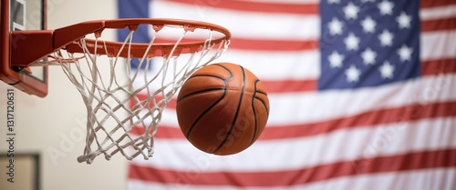 Obraz na płótnie Basketball Soaring on an blurred American flag background, w salonie
