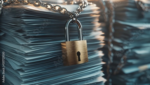  Padlock on Top of Large Stacks of Documents Symbolizing Security and Protection for Financial Records, CLIENT - Padlock Attached to Two Sheets of Paper with Iron Chain, Symbolizing Data Security, 