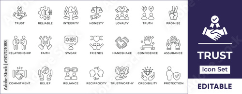 Trust Line Icon Set. Features editable icons for trust symbols, reliability, honesty, integrity, loyalty, confidence, and more. Perfect for business, marketing, and relationship building.