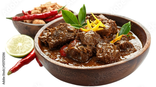 Delicious Beef Rendang in Wooden Bowl with Chili Peppers and Lime
