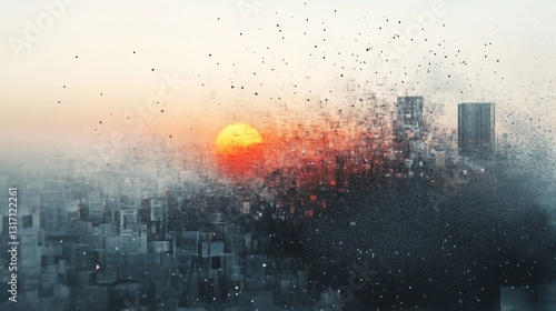 Surreal Double Exposure of Cubist Cityscape – Aerial View with Particle Buildings & Rising Sun in Dark Digital Collage