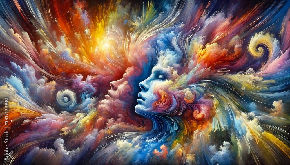 A large, high-resolution abstract artwork representing emotions and ideas. The image features a vibrant explosion of colors, swirling shapes A large, high-resolution abstract artwork representing emotions and ideas. The image features a vibrant explosion of colors, swirling shapes