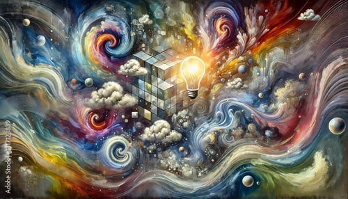 A surreal abstract digital painting representing emotions and ideas. The artwork features a dynamic interplay of vibrant and muted colors