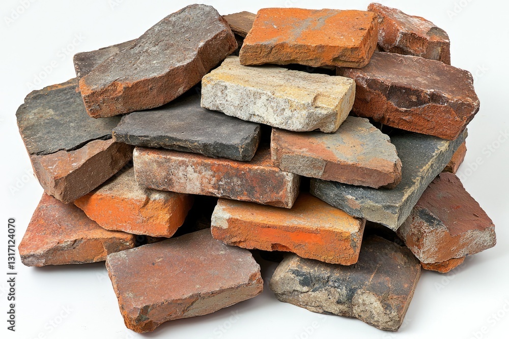 A pile of reclaimed, multi-colored bricks, showing age and weathering. A pile of reclaimed, multi-colored bricks, showing age and weathering.