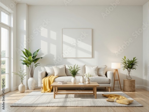 Bright And Cozy Living Room Interior With Minimalist Design And Natural Elements