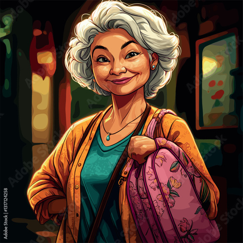 A woman with white hair in a floral shirt and pink bag in a colorful setting.