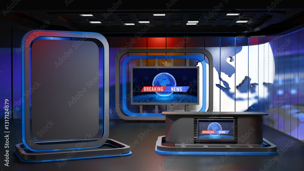 Fototapeta premium 3D Virtual TV Studio News, Backdrop For TV Shows .TV On Wall.3D Virtual News Studio Background,3d illustration
