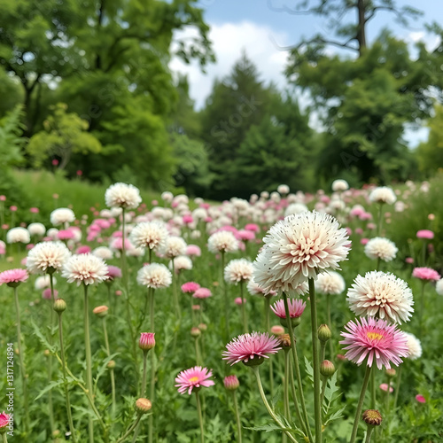 White Globe Amaranth flower field blooms in the eco-tourism area. Flowers are used to decorate the way to create a cool landscape for people's living space photo