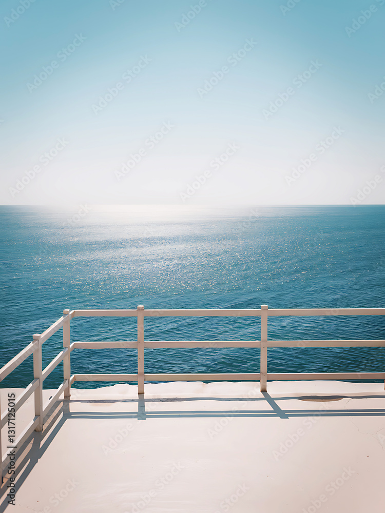 Tranquil Seascape with Shimmering Blue Water and Railing Tranquil Seascape with Shimmering Blue Water and Railing