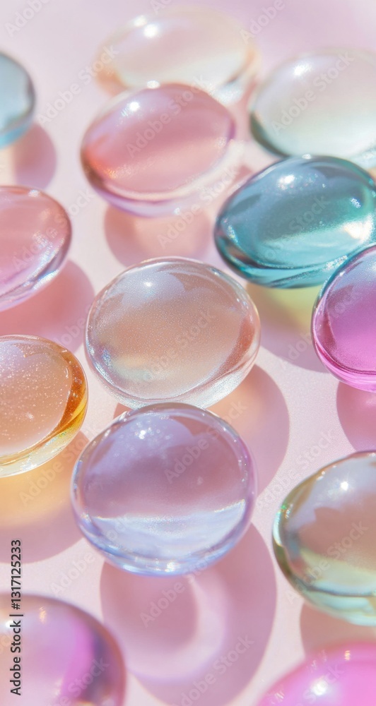 Glossy Transparent Circular Cream Gels in Multicolors – Aesthetic Close-Up with Shimmering Texture & Pastel Backdrop Glossy Transparent Circular Cream Gels in Multicolors – Aesthetic Close-Up with Shimmering Texture & Pastel Backdrop