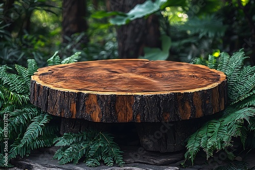 Wooden Table Top Surface in Forest Setting Surrounded by Ferns
