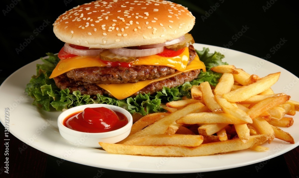 Double cheeseburger with fries and ketchup on a plate Double cheeseburger with fries and ketchup on a plate