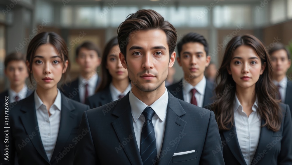 Group of Professionals in Formal Attire Displaying Confidence and Leadership in Office Environment Group of Professionals in Formal Attire Displaying Confidence and Leadership in Office Environment