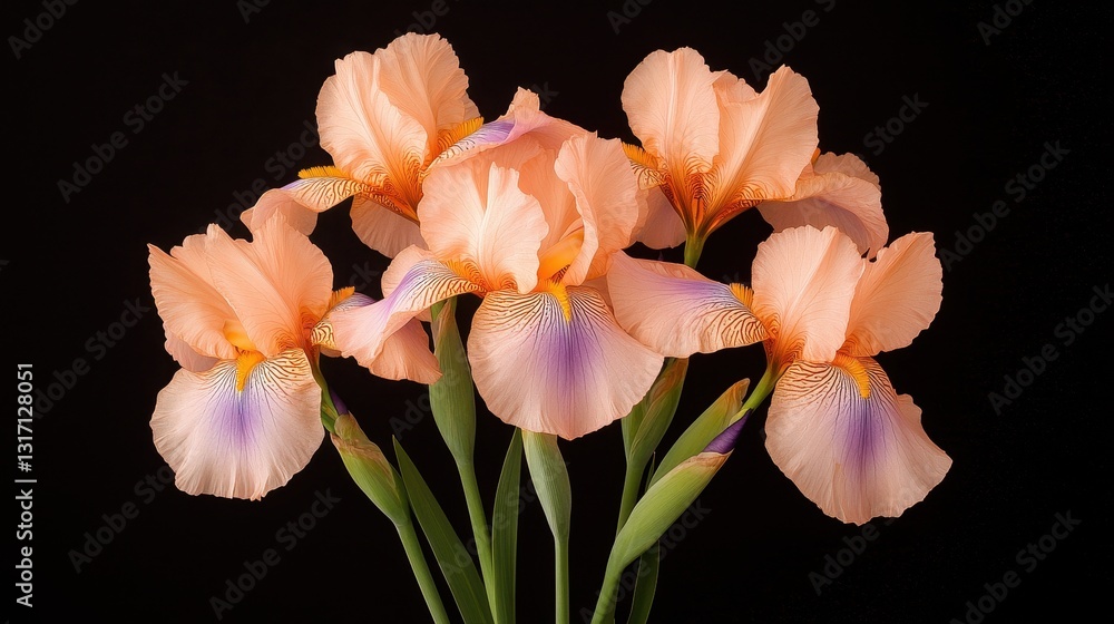 Fototapeta premium Elegant Peach Iris Blooms with Delicate Petal Patterns and Colors