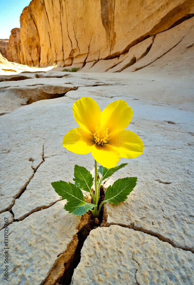 Lonely yellow flower growing on dried cracked soil. Climate change. Generative