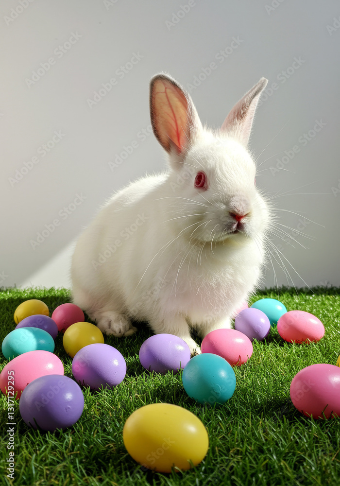 Fluffy Lop-Eared Bunny Sitting on Grass with Colorful Easter Eggs Fluffy Lop-Eared Bunny Sitting on Grass with Colorful Easter Eggs