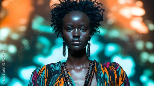 A conceptual runway set in a glowing African savanna where radiant tribal patterns inspire avant-garde fashion photo