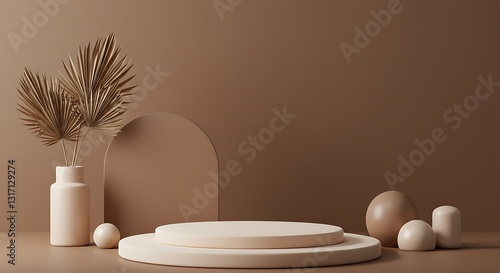 Wallpaper Mural Empty product placement stage with natural light and dry palm home decor on brown wall. Autumn background mockup for beauty, spa and cosmetic showroom. Aesthetic showroom table platform, neutral tone Torontodigital.ca