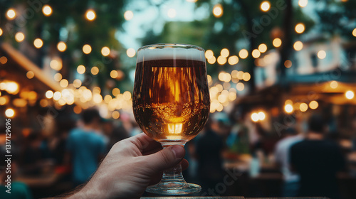 Cheers to Evening Bliss: A hand raises a glass of golden beer in a vibrant, inviting evening scene, with bokeh lights, creating a festive atmosphere.