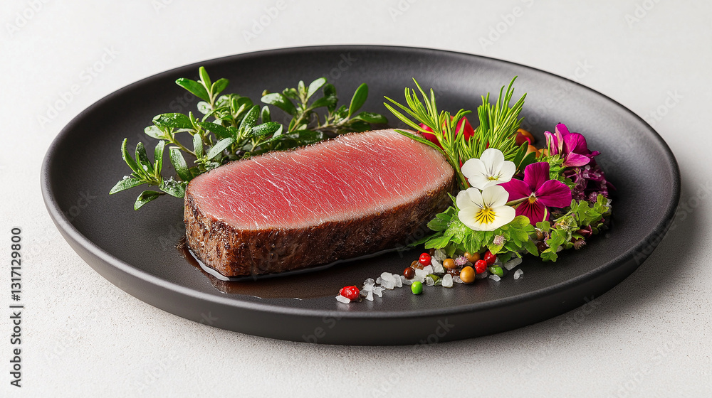 Gourmet Tuna Steak Delight: A beautifully presented tuna steak on a dark plate, garnished with fresh herbs, edible flowers, and a sprinkle of colorful peppercorns. Gourmet Tuna Steak Delight: A beautifully presented tuna steak on a dark plate, garnished with fresh herbs, edible flowers, and a sprinkle of colorful peppercorns.