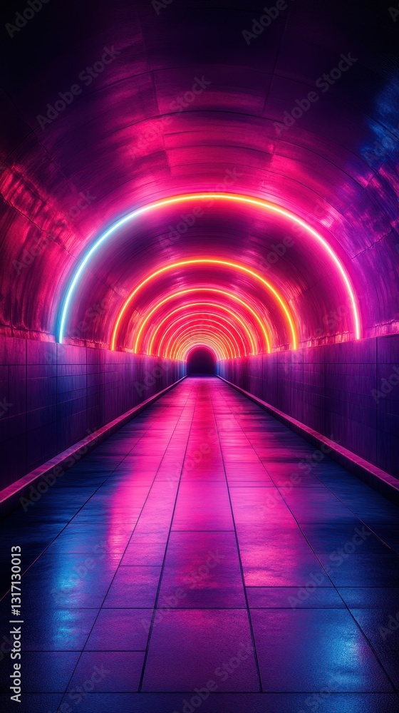Colorful neon lights illuminate an empty underground tunnel in a metropolitan area at night Colorful neon lights illuminate an empty underground tunnel in a metropolitan area at night
