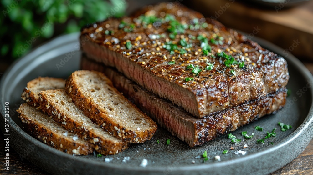 A close-up of a black plate featuring a gourmet dish of thinly sliced meat, garnished with onions and a creamy sauce. A close-up of a black plate featuring a gourmet dish of thinly sliced meat, garnished with onions and a creamy sauce.