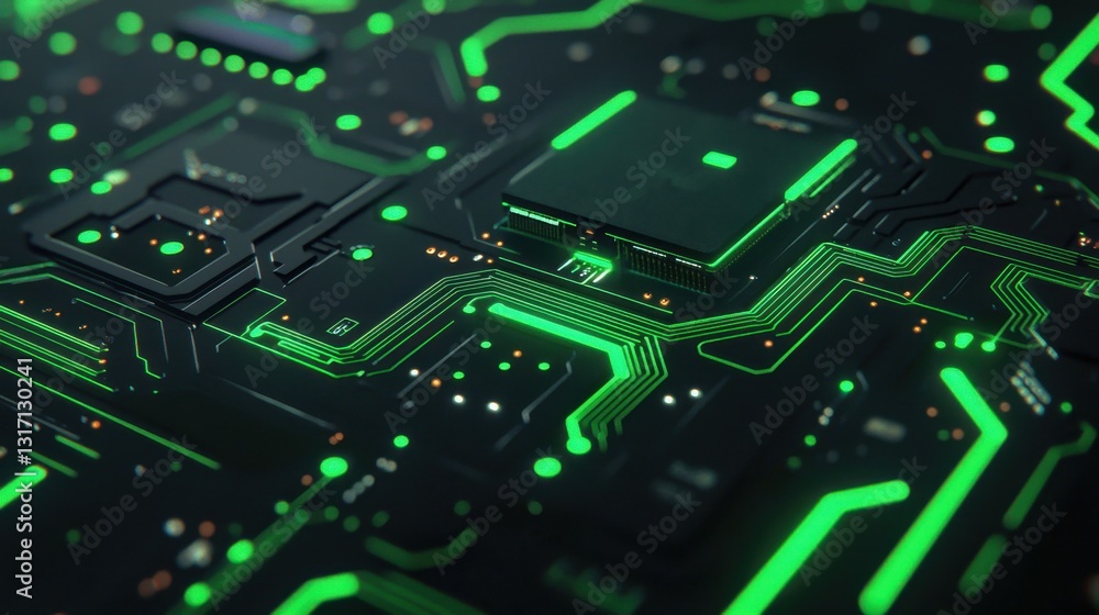 Green Circuit Board Technology with Neon Lights and Electronic Components Green Circuit Board Technology with Neon Lights and Electronic Components