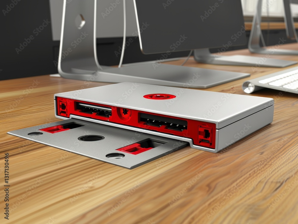 Fototapeta premium Modern External Hard Drive with Aluminum Casing and Red Accents for Efficient Data Backup and Storage Solutions - Perfect for Home Office Workstation Setup